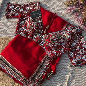 Red Georgette Saree with Net Blouse with Mirror, Pearl, Stone and Hand Work Embroidery 1