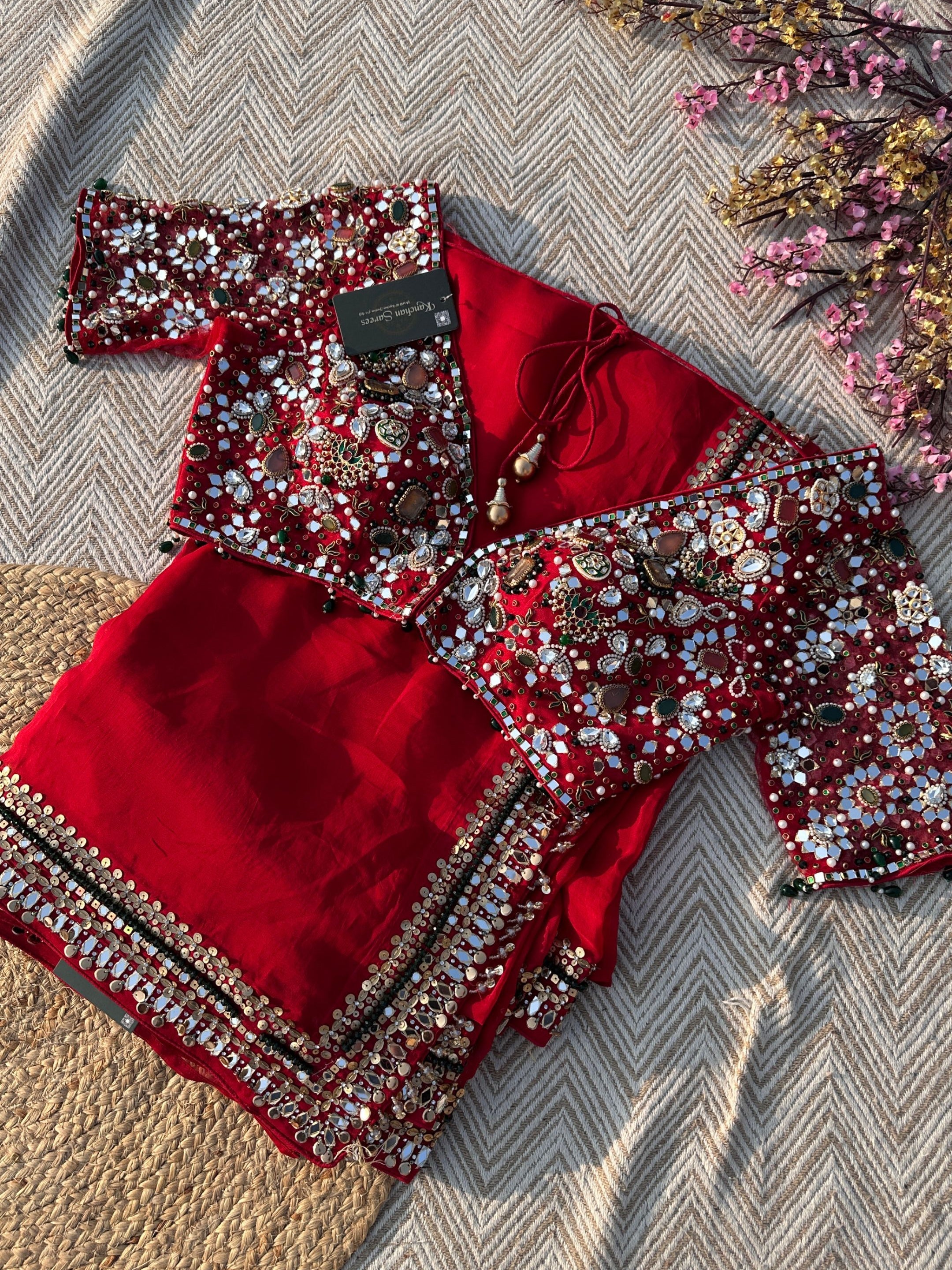 Red Georgette Saree with Net Blouse with Mirror, Pearl, Stone and Hand Work Embroidery 1