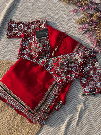 Red Georgette Saree with Net Blouse with Mirror, Pearl, Stone and Hand Work Embroidery