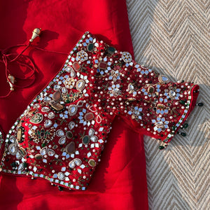 Red Georgette Saree with Net Blouse with Mirror, Pearl, Stone and Hand Work Embroidery 10