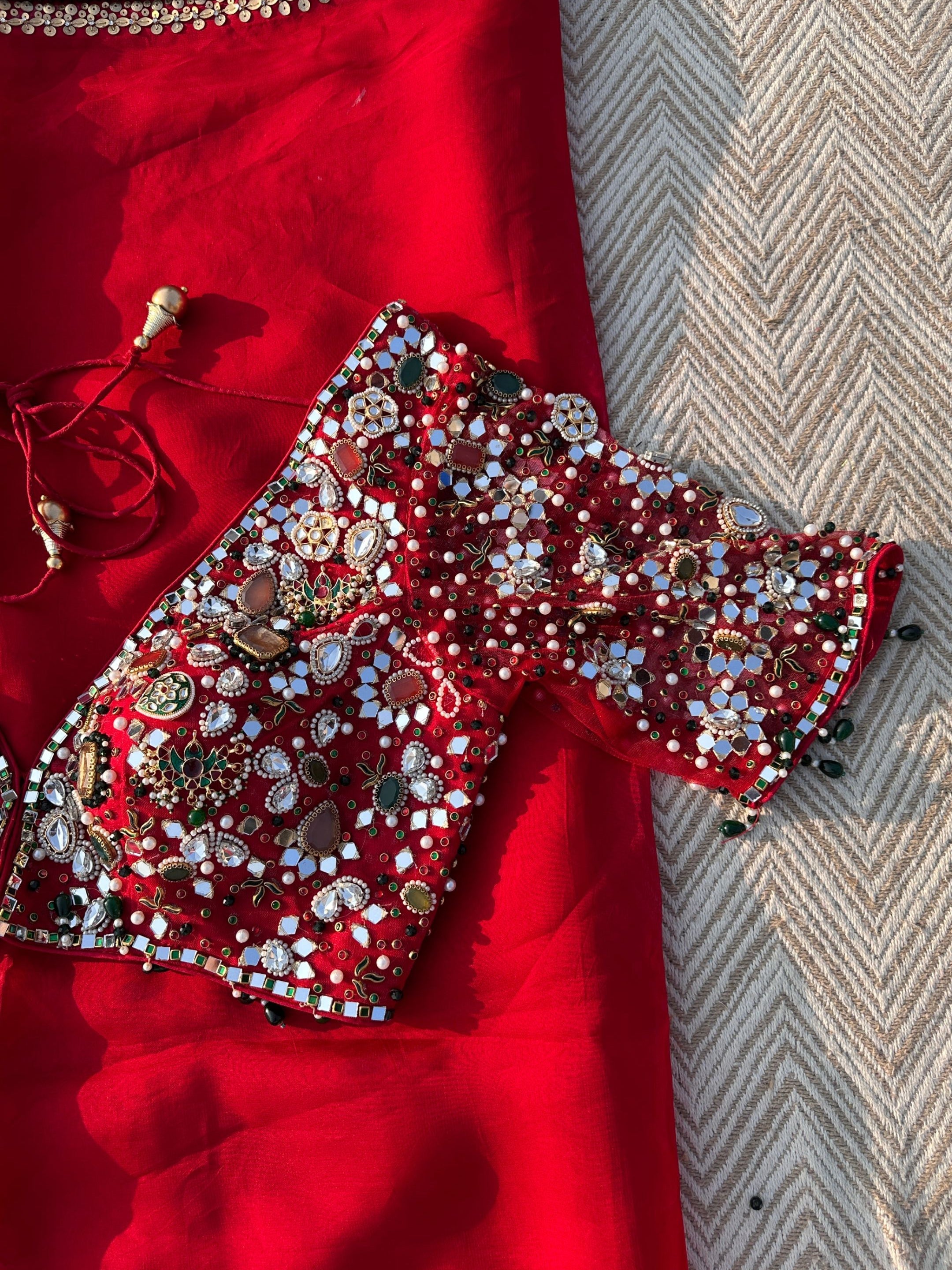 Red Georgette Saree with Net Blouse with Mirror, Pearl, Stone and Hand Work Embroidery 10
