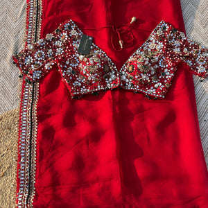 Red Georgette Saree with Net Blouse with Mirror, Pearl, Stone and Hand Work Embroidery 11