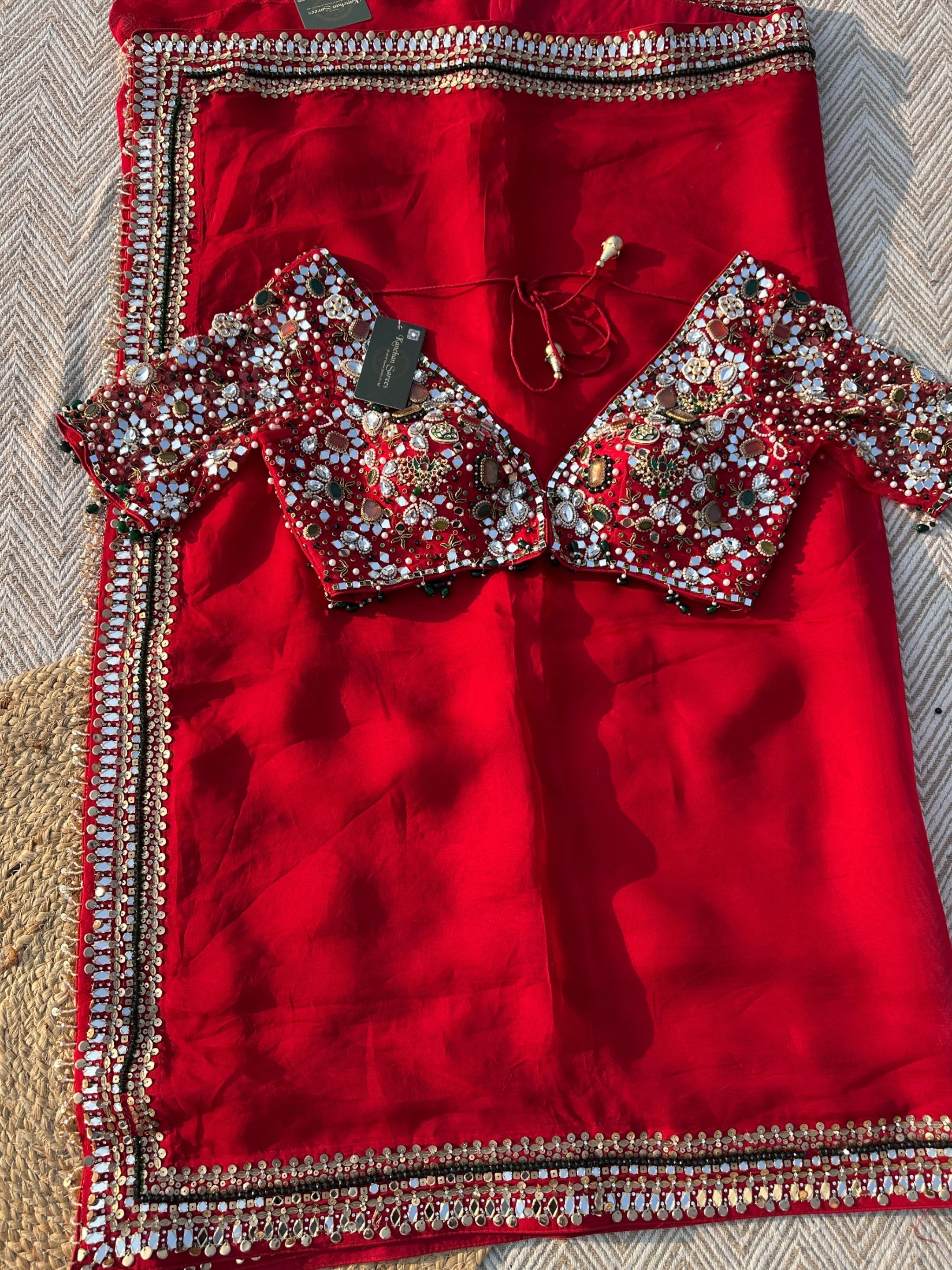 Red Georgette Saree with Net Blouse with Mirror, Pearl, Stone and Hand Work Embroidery 11