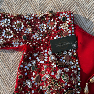 Red Georgette Saree with Net Blouse with Mirror, Pearl, Stone and Hand Work Embroidery 2