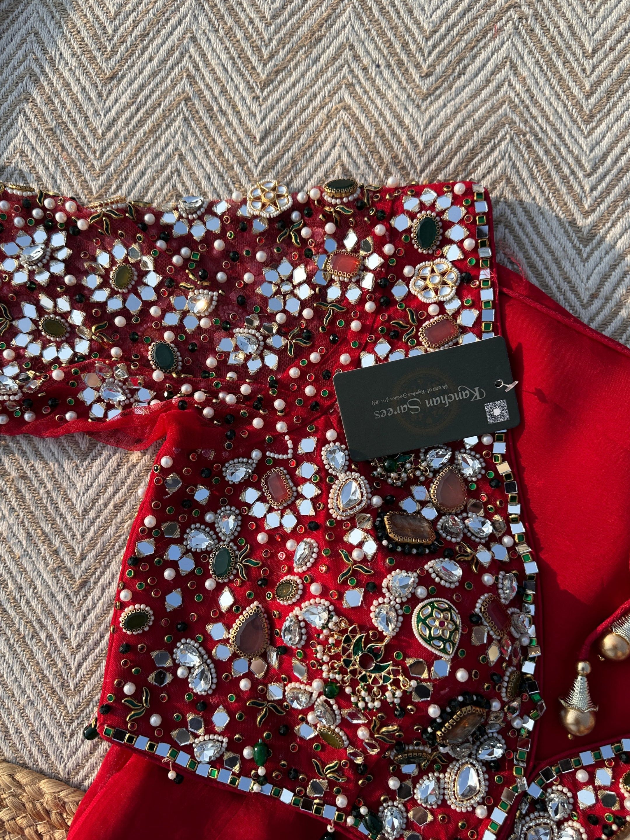 Red Georgette Saree with Net Blouse with Mirror, Pearl, Stone and Hand Work Embroidery 2