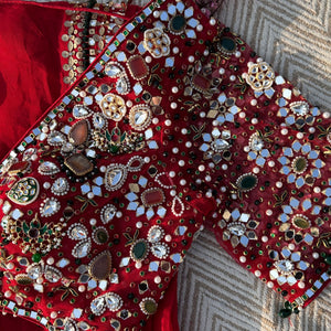 Red Georgette Saree with Net Blouse with Mirror, Pearl, Stone and Hand Work Embroidery 3