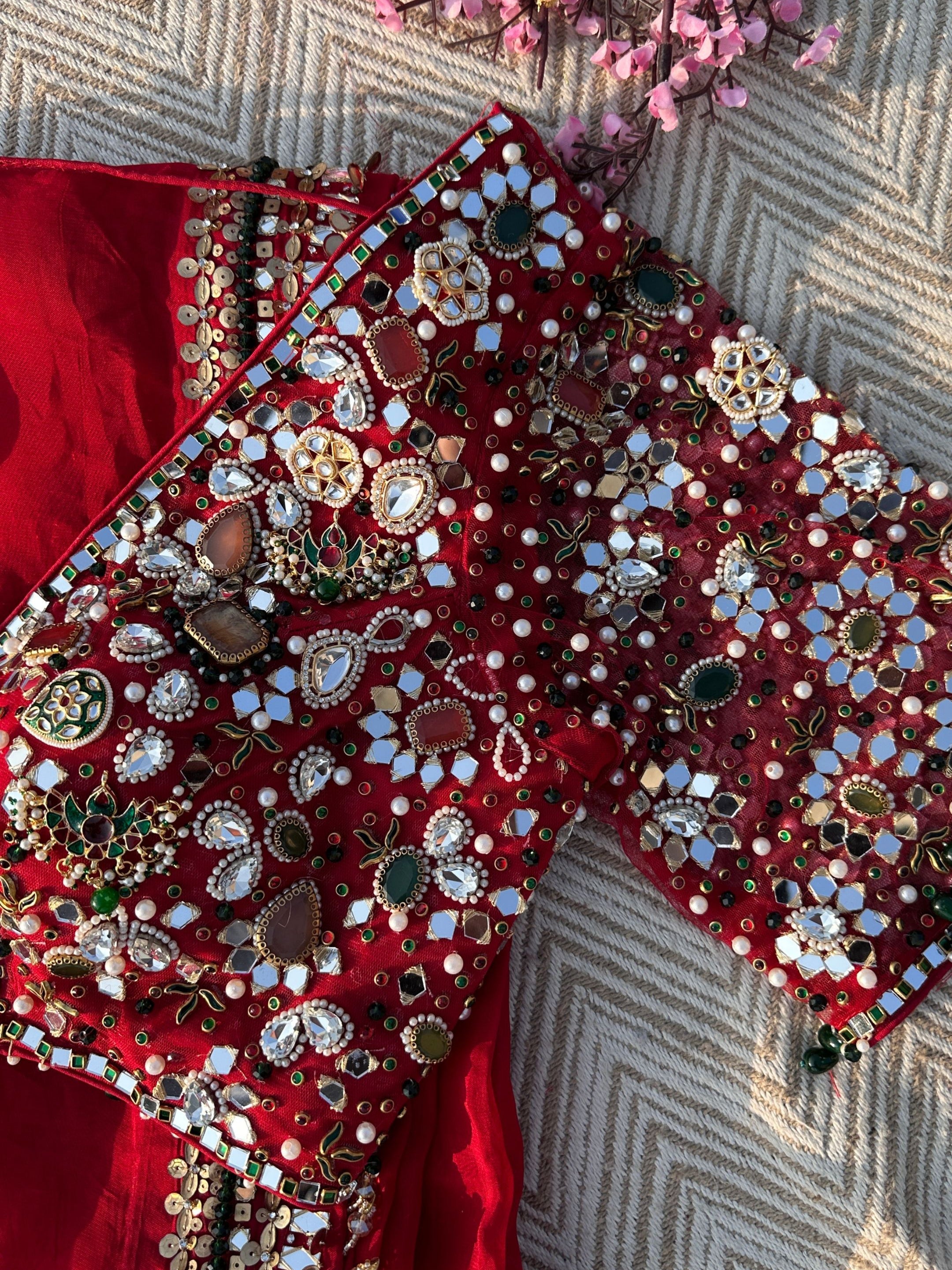 Red Georgette Saree with Net Blouse with Mirror, Pearl, Stone and Hand Work Embroidery 3