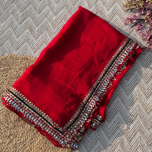 Red Georgette Saree with Net Blouse with Mirror, Pearl, Stone and Hand Work Embroidery 4