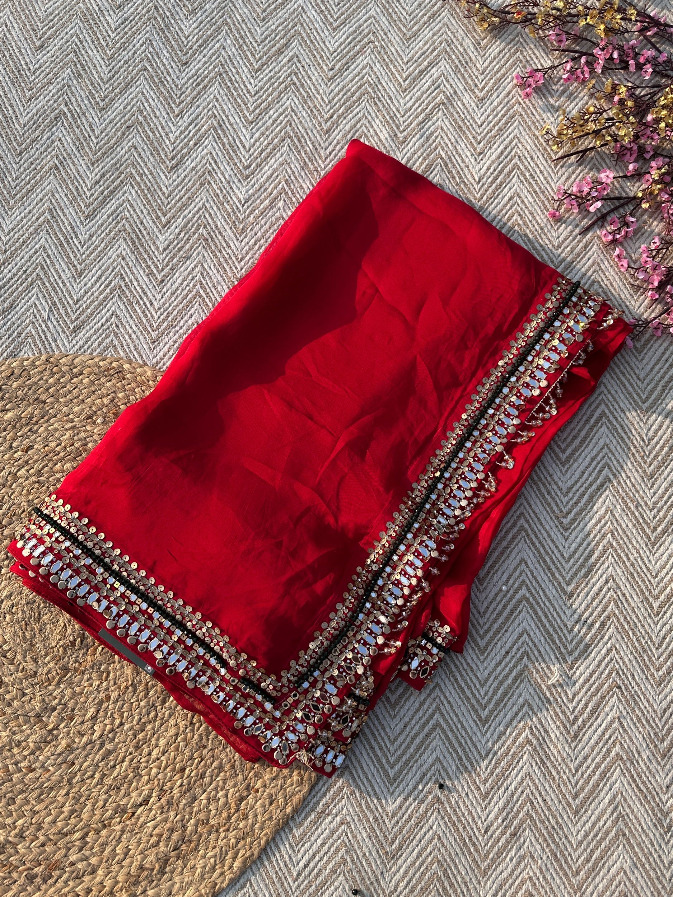 Red Georgette Saree with Net Blouse with Mirror, Pearl, Stone and Hand Work Embroidery 4