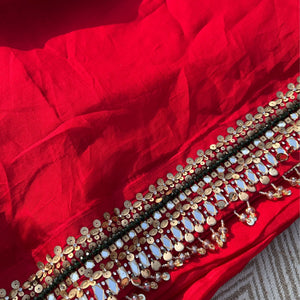 Red Georgette Saree with Net Blouse with Mirror, Pearl, Stone and Hand Work Embroidery 5