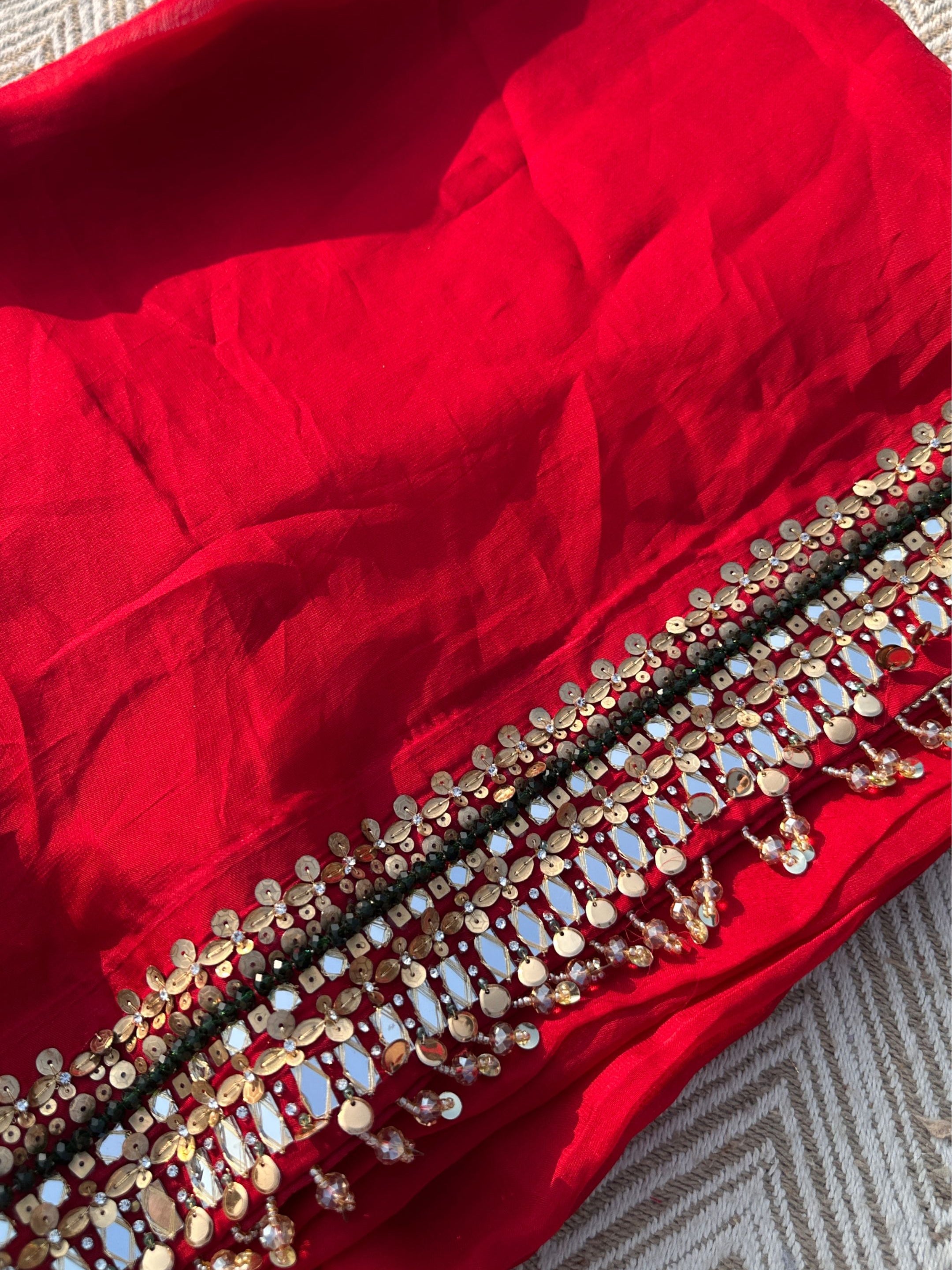 Red Georgette Saree with Net Blouse with Mirror, Pearl, Stone and Hand Work Embroidery 5