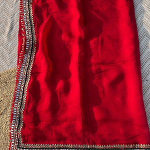 Red Georgette Saree with Net Blouse with Mirror, Pearl, Stone and Hand Work Embroidery 6