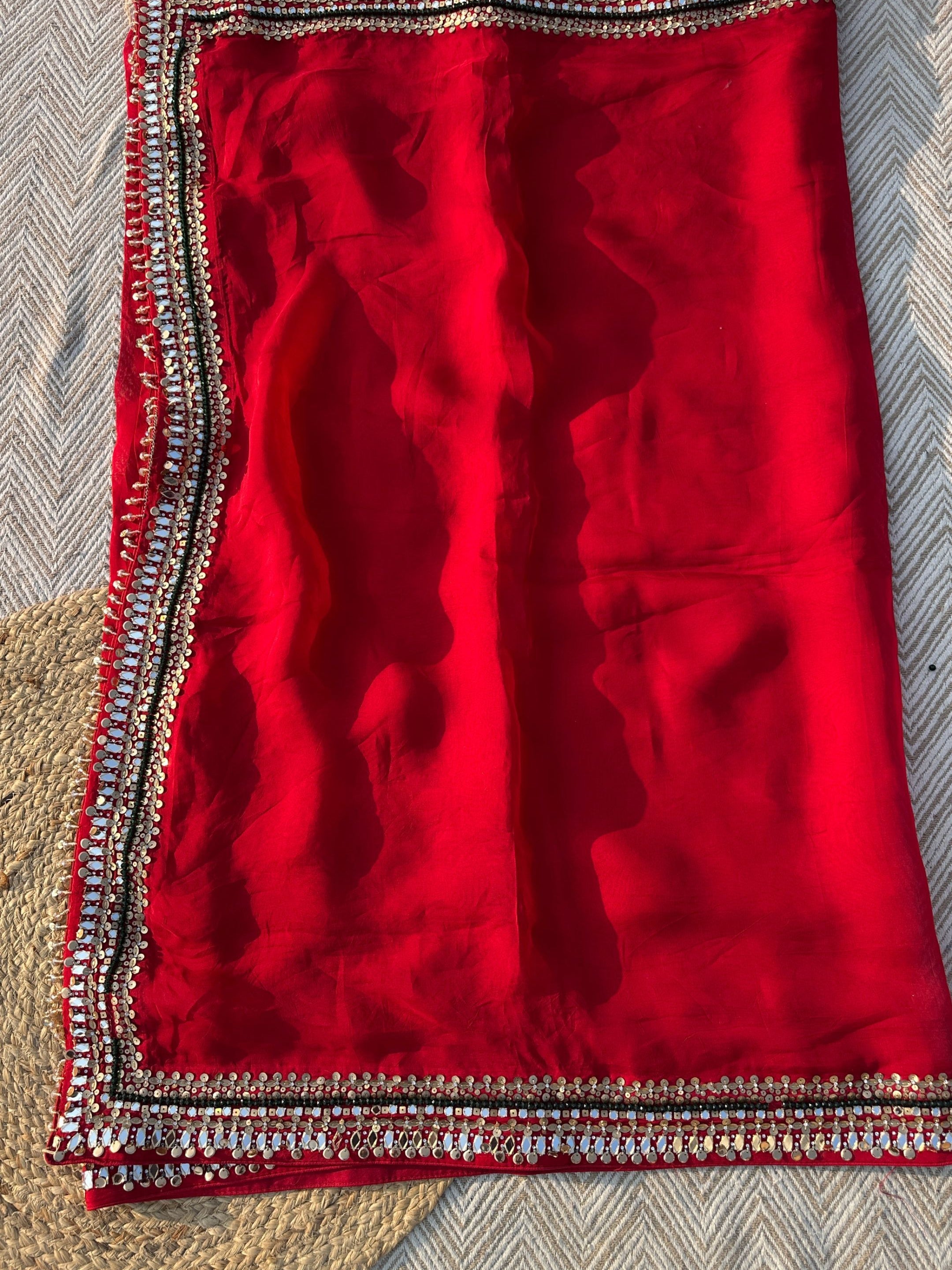 Red Georgette Saree with Net Blouse with Mirror, Pearl, Stone and Hand Work Embroidery 6