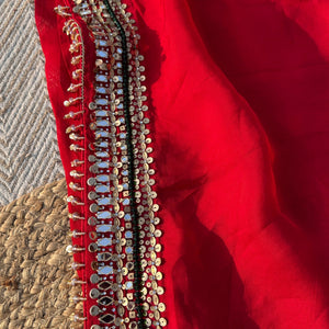 Red Georgette Saree with Net Blouse with Mirror, Pearl, Stone and Hand Work Embroidery 7