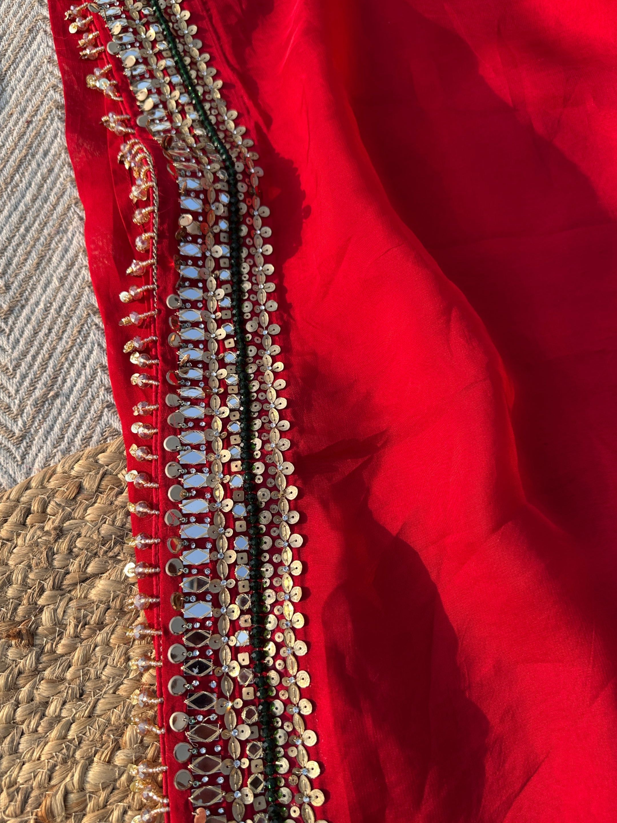 Red Georgette Saree with Net Blouse with Mirror, Pearl, Stone and Hand Work Embroidery 7