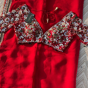 Red Georgette Saree with Net Blouse with Mirror, Pearl, Stone and Hand Work Embroidery 8