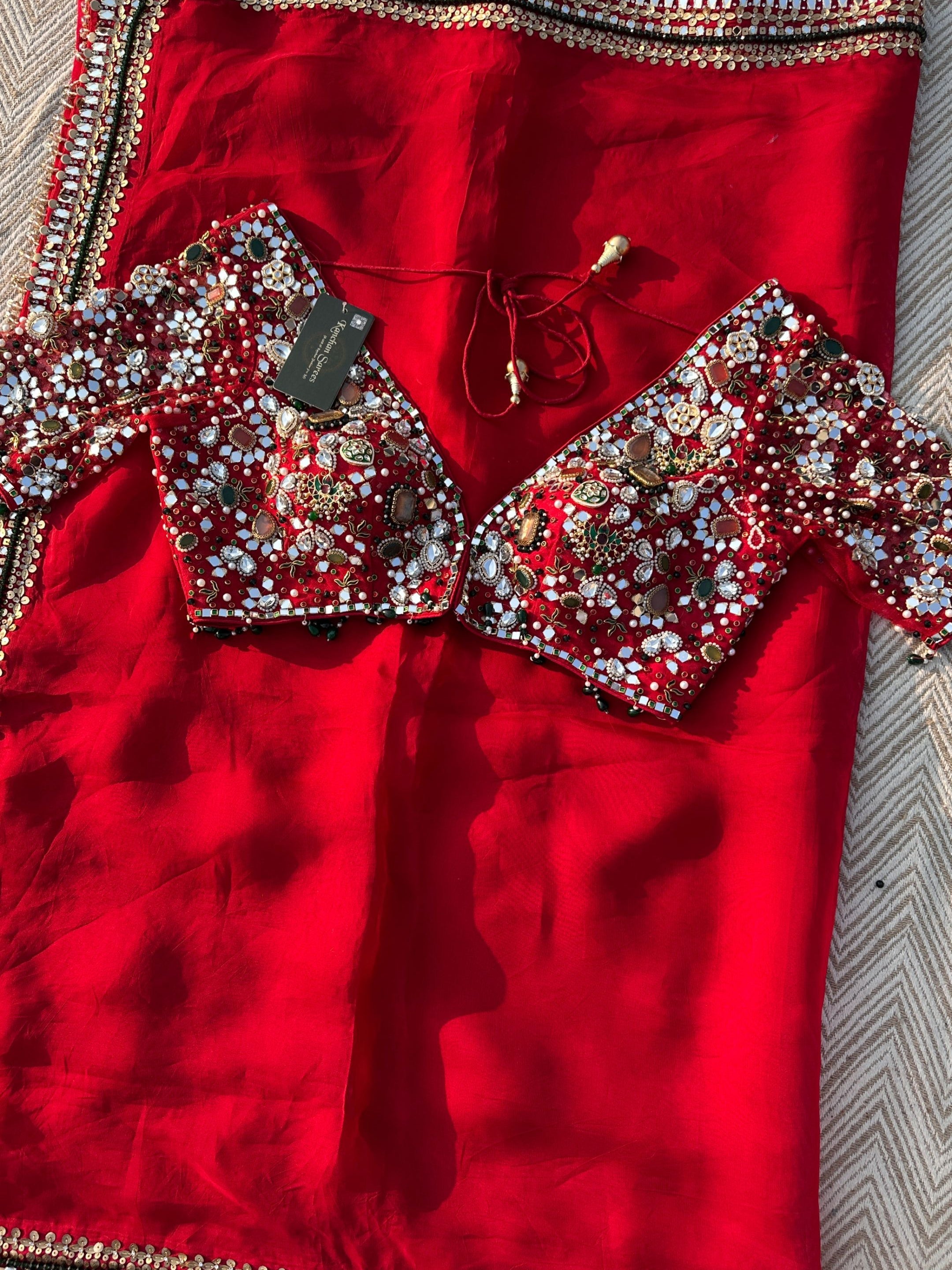 Red Georgette Saree with Net Blouse with Mirror, Pearl, Stone and Hand Work Embroidery 8