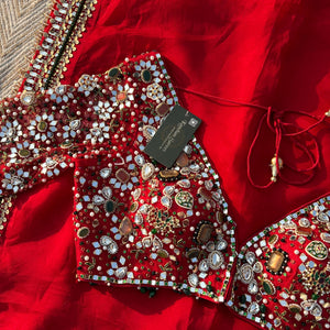 Red Georgette Saree with Net Blouse with Mirror, Pearl, Stone and Hand Work Embroidery 9