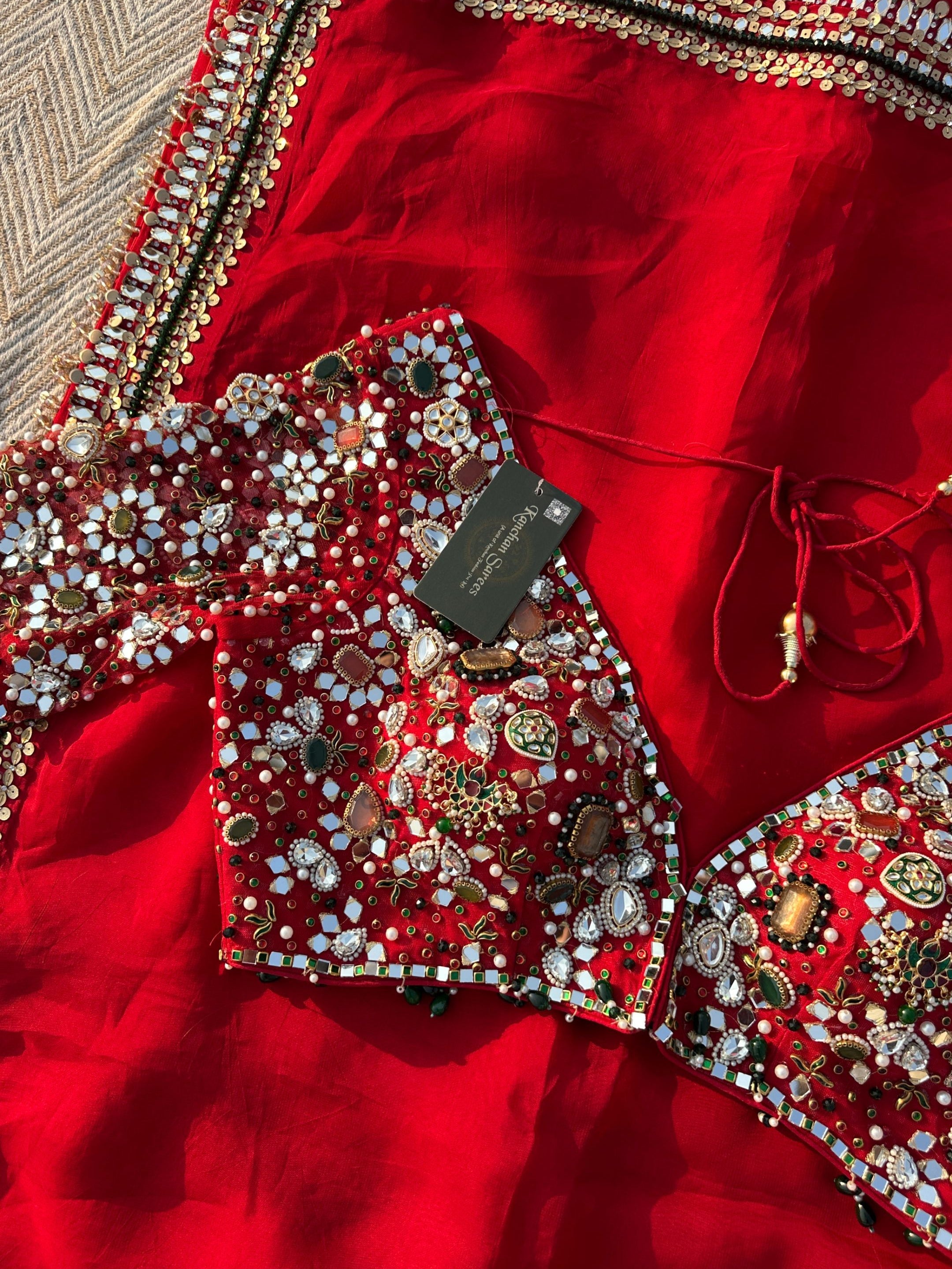 Red Georgette Saree with Net Blouse with Mirror, Pearl, Stone and Hand Work Embroidery 9