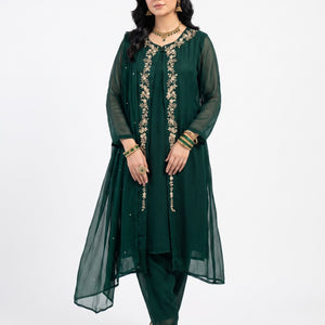 Green Chinon Shirt, Palazzo, Shrug And Dupatta with Cutdana, Sequins, Pearl and Dabka Embroidery 2