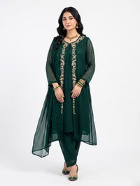 Green Chinon Shirt, Palazzo, Shrug And Dupatta with Cutdana, Sequins, Pearl and Dabka Embroidery