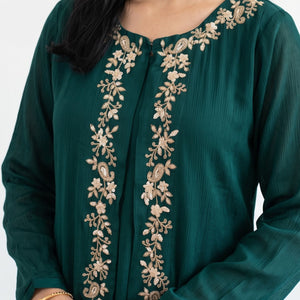 Green Chinon Shirt, Palazzo, Shrug And Dupatta with Cutdana, Sequins, Pearl and Dabka Embroidery 4