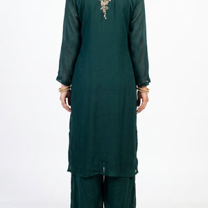 Green Chinon Shirt, Palazzo, Shrug And Dupatta with Cutdana, Sequins, Pearl and Dabka Embroidery 1