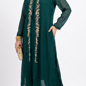 Green Chinon Shirt, Palazzo, Shrug And Dupatta with Cutdana, Sequins, Pearl and Dabka Embroidery 3