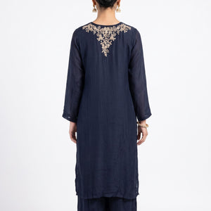 Navy Blue Chinon Shirt, Palazzo, Shrug And Dupatta with Cutdana, Sequins, Pearl and Dabka Embroidery 1