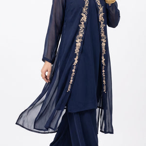 Navy Blue Chinon Shirt, Palazzo, Shrug And Dupatta with Cutdana, Sequins, Pearl and Dabka Embroidery 2