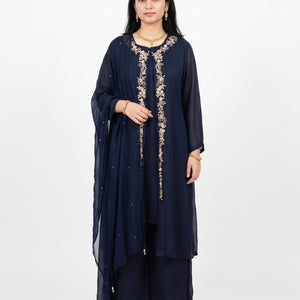Navy Blue Chinon Shirt, Palazzo, Shrug And Dupatta with Cutdana, Sequins, Pearl and Dabka Embroidery 3
