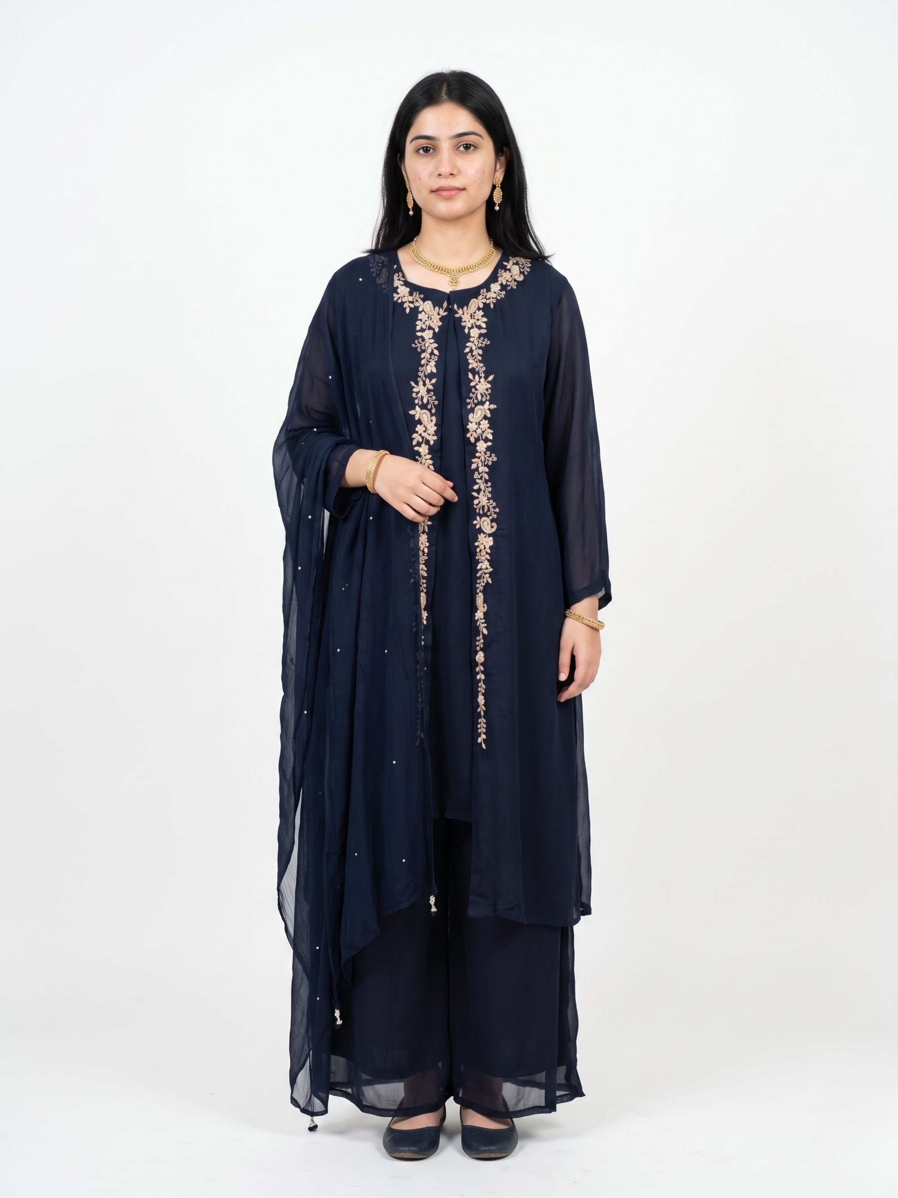 Navy Blue Chinon Shirt, Palazzo, Shrug And Dupatta with Cutdana, Sequins, Pearl and Dabka Embroidery 3