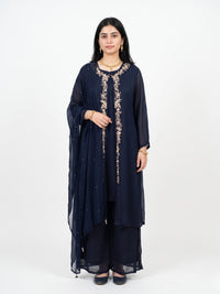 Navy Blue Chinon Shirt, Palazzo, Shrug And Dupatta with Cutdana, Sequins, Pearl and Dabka Embroidery