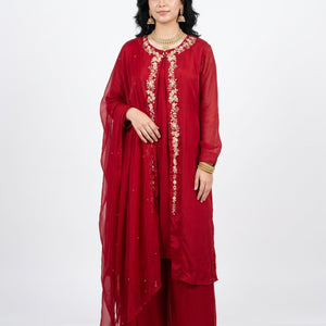 Red Chinon Shirt, Palazzo, Shrug And Dupatta with Cutdana, Sequins, Pearl and Dabka Embroidery 2