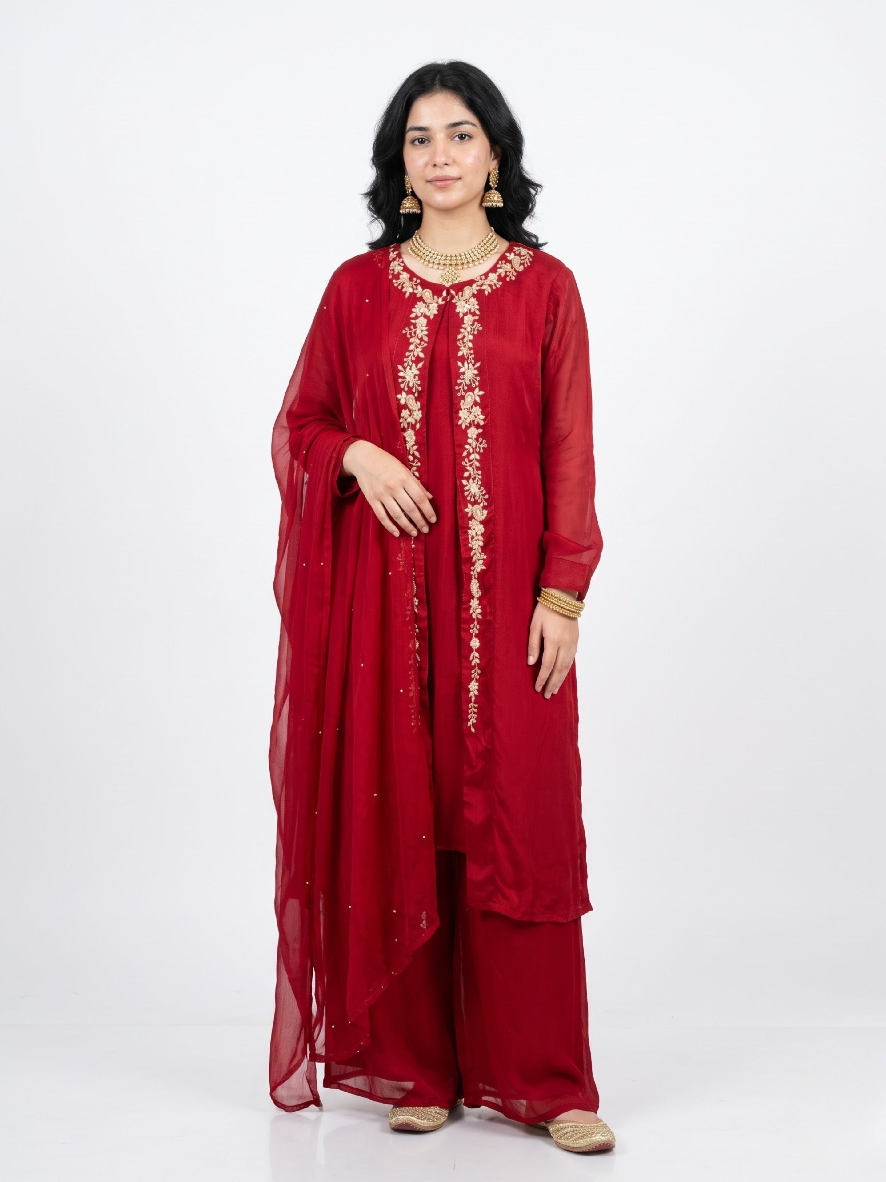 Red Chinon Shirt, Palazzo, Shrug And Dupatta with Cutdana, Sequins, Pearl and Dabka Embroidery 2