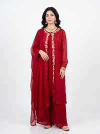 Red Chinon Shirt, Palazzo, Shrug And Dupatta with Cutdana, Sequins, Pearl and Dabka Embroidery