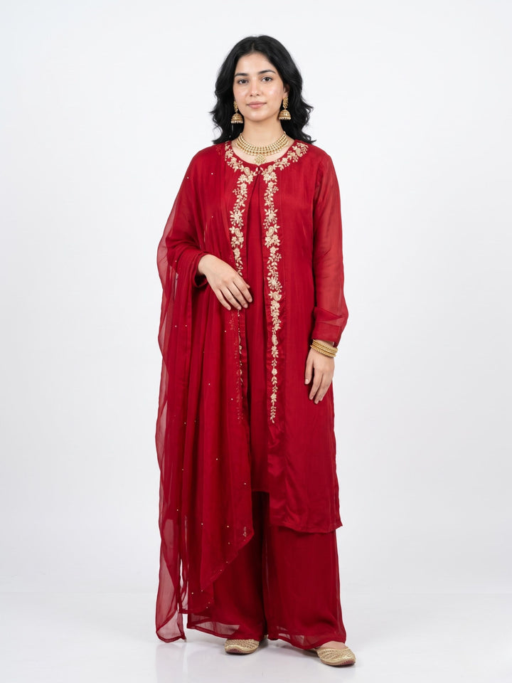 Red Chinon Shirt, Palazzo, Shrug And Dupatta with Cutdana, Sequins, Pearl and Dabka Embroidery 2