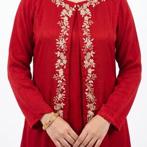 Red Chinon Shirt, Palazzo, Shrug And Dupatta with Cutdana, Sequins, Pearl and Dabka Embroidery 4