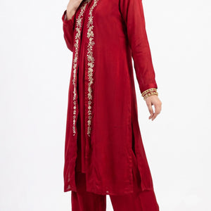 Red Chinon Shirt, Palazzo, Shrug And Dupatta with Cutdana, Sequins, Pearl and Dabka Embroidery 3