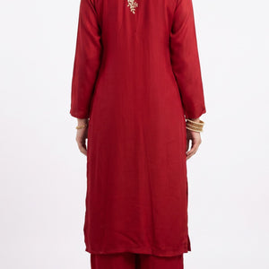 Red Chinon Shirt, Palazzo, Shrug And Dupatta with Cutdana, Sequins, Pearl and Dabka Embroidery 1
