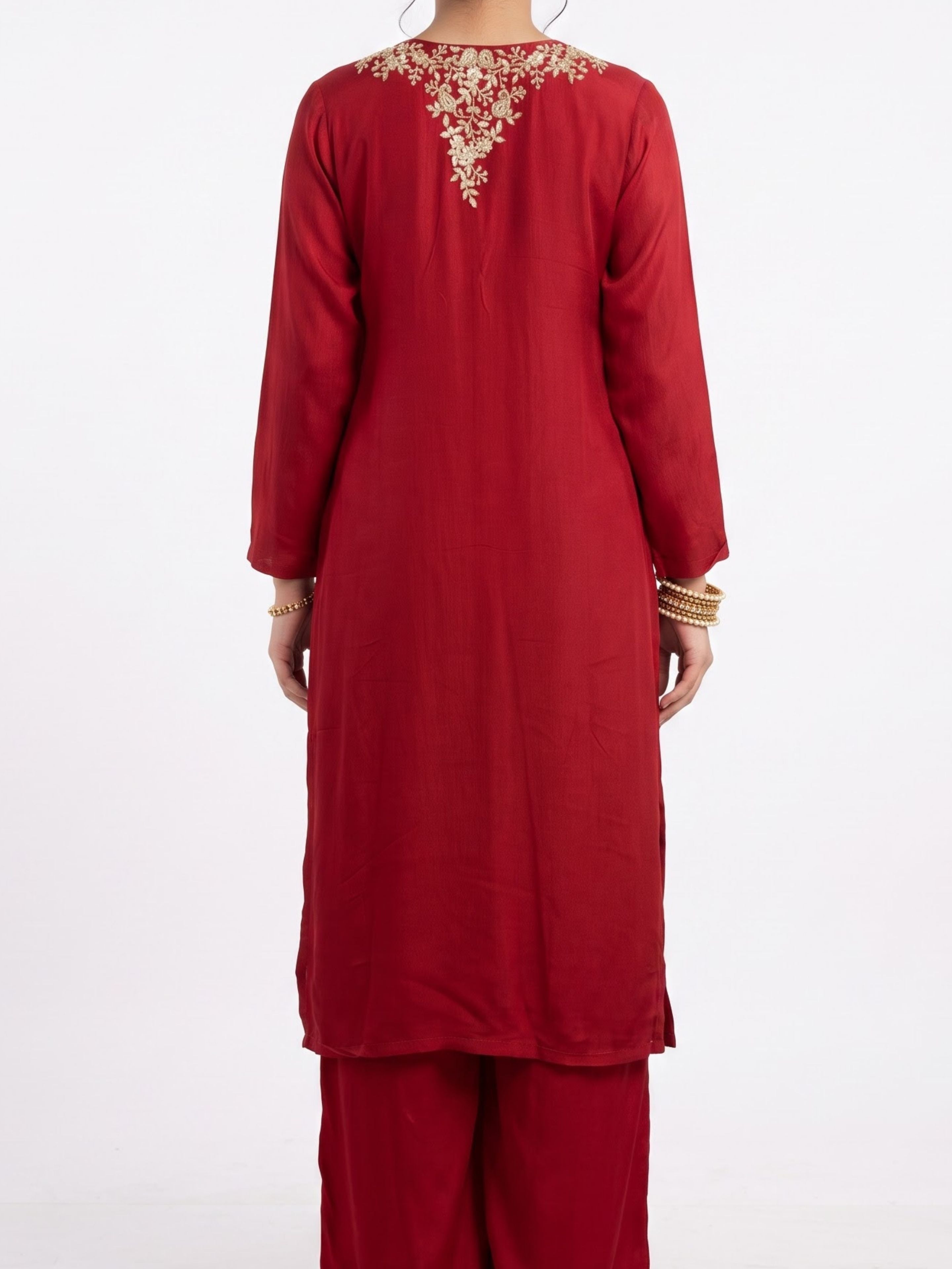Red Chinon Shirt, Palazzo, Shrug And Dupatta with Cutdana, Sequins, Pearl and Dabka Embroidery 1