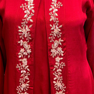 Red Chinon Shirt, Palazzo, Shrug And Dupatta with Cutdana, Sequins, Pearl and Dabka Embroidery 6