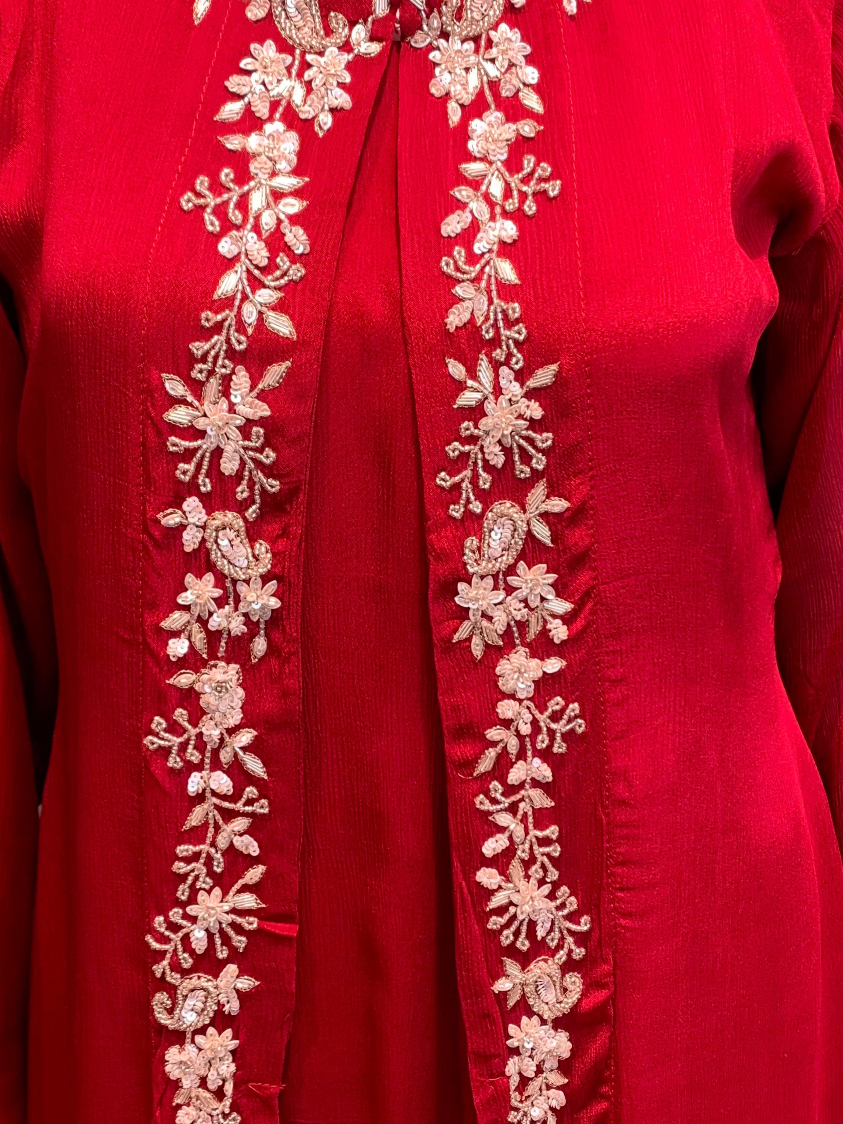 Red Chinon Shirt, Palazzo, Shrug And Dupatta with Cutdana, Sequins, Pearl and Dabka Embroidery 6