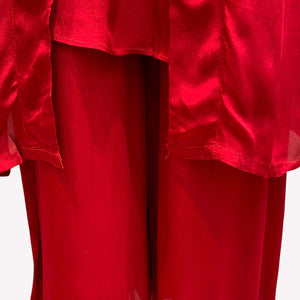 Red Chinon Shirt, Palazzo, Shrug And Dupatta with Cutdana, Sequins, Pearl and Dabka Embroidery 5