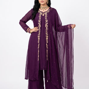 Wine Chinon Shirt, Palazzo, Shrug And Dupatta with Cutdana, Sequins, Pearl and Dabka Embroidery 3