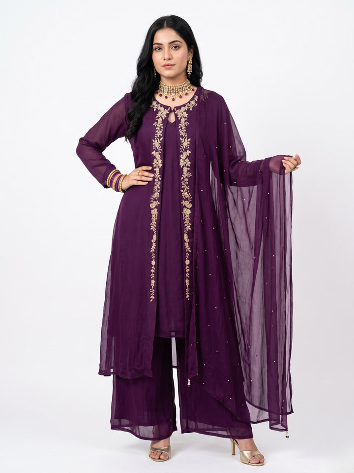 Wine Chinon Shirt, Palazzo, Shrug And Dupatta with Cutdana, Sequins, Pearl and Dabka Embroidery 3