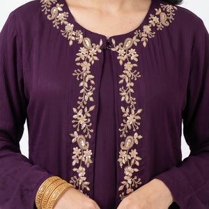 Wine Chinon Shirt, Palazzo, Shrug And Dupatta with Cutdana, Sequins, Pearl and Dabka Embroidery 6