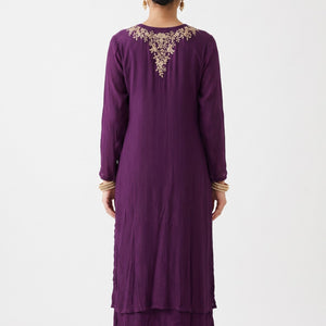 Wine Chinon Shirt, Palazzo, Shrug And Dupatta with Cutdana, Sequins, Pearl and Dabka Embroidery 1