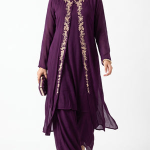 Wine Chinon Shirt, Palazzo, Shrug And Dupatta with Cutdana, Sequins, Pearl and Dabka Embroidery 2
