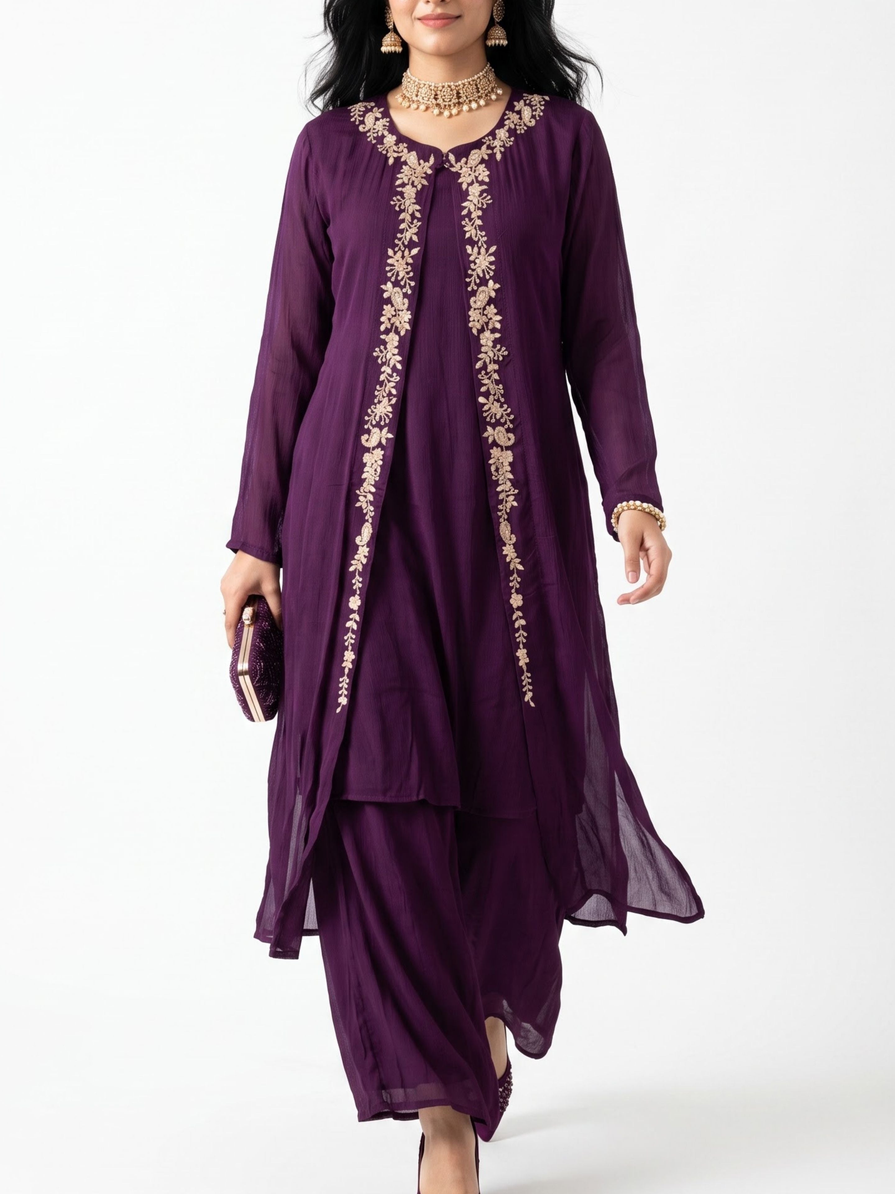 Wine Chinon Shirt, Palazzo, Shrug And Dupatta with Cutdana, Sequins, Pearl and Dabka Embroidery 2